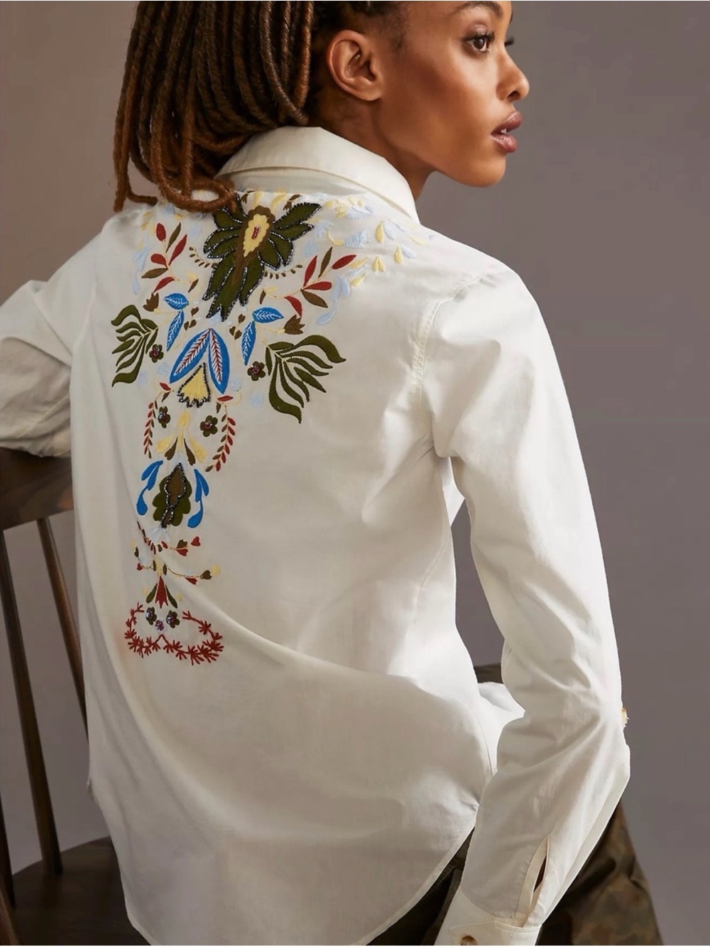 ANTHROPOLOGIE - Embroidered White Button-Up Shirt - Floral Back Detail, NWT